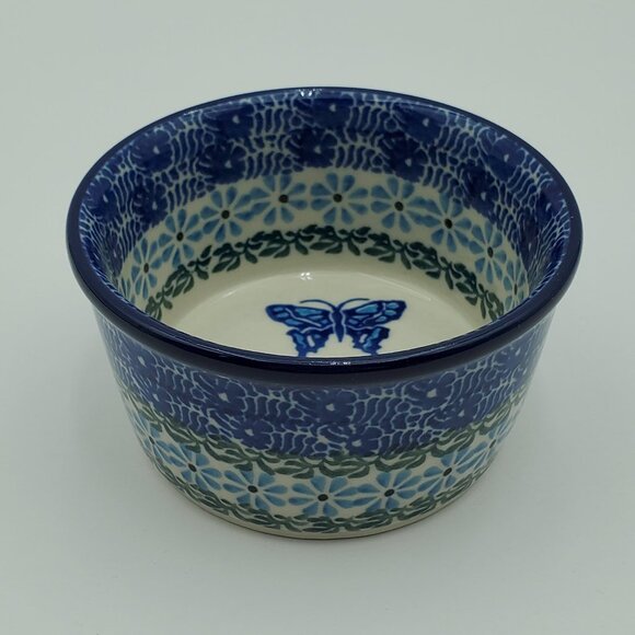 Polish Pottery Small Blue Butterfly Bowl Blue Flowers Ramekin Trinket Dish - Picture 1 of 6